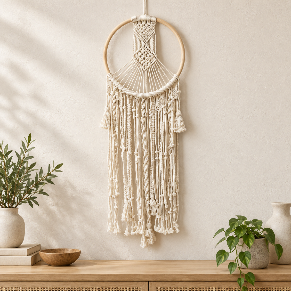 Blissful White Macramé Dream Catcher Wall Hanging
