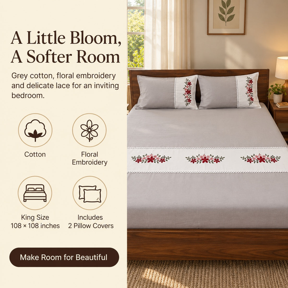 Waypoint Grey Blossom Cotton Bedsheet Set – Floral Embroidery & Lace Panel