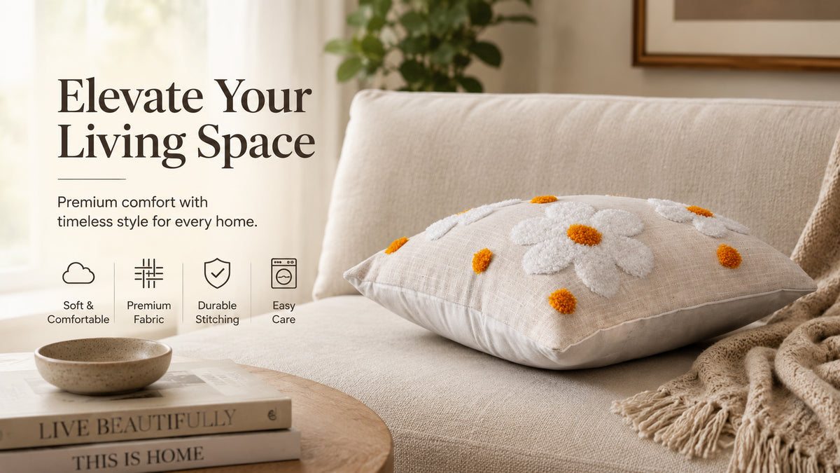 WAYPOINT 100% Cotton Cushion Cover Featuring 3D Tufted Daisy Design for Modern Decor