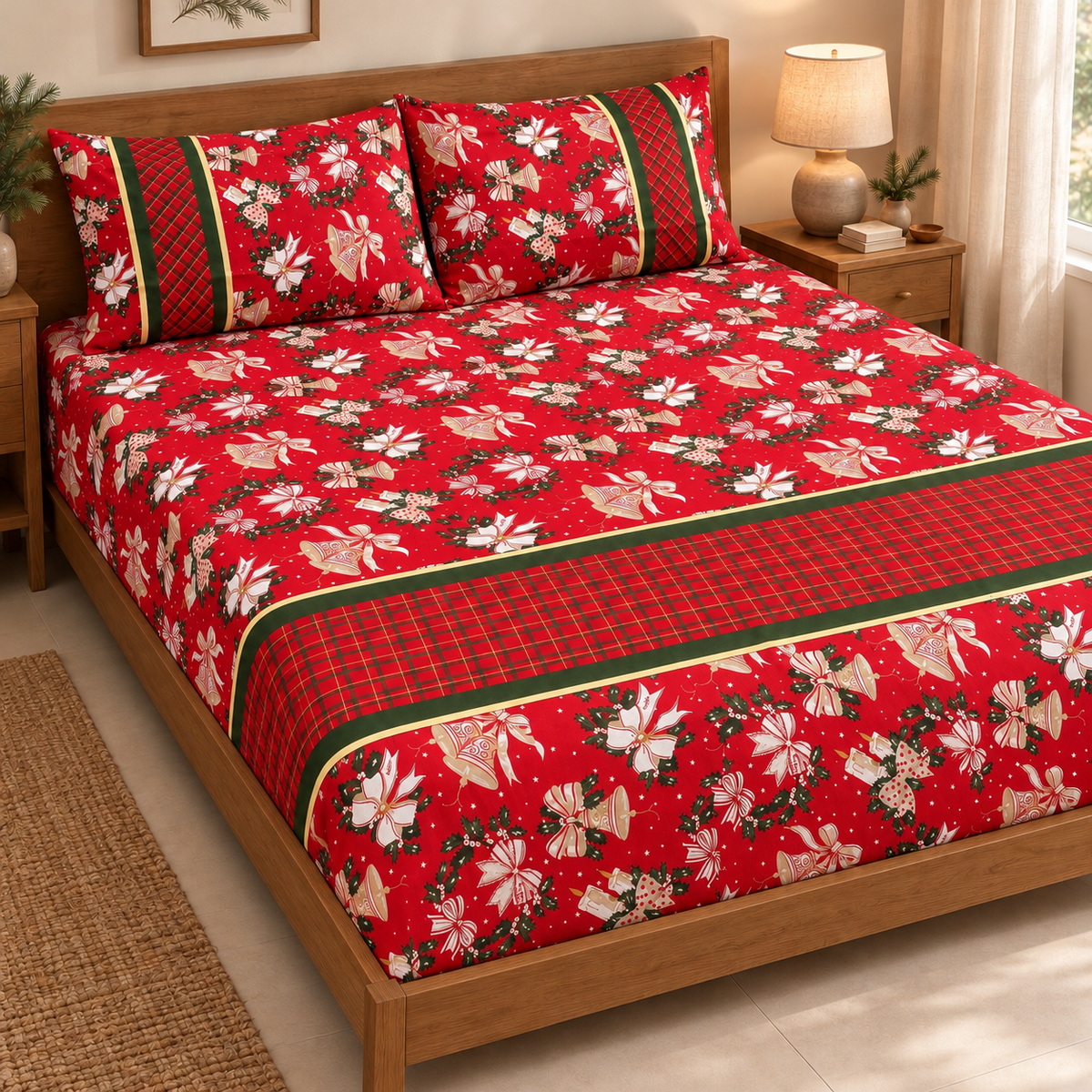 Christmas Bells & Tartan Bedsheet Set