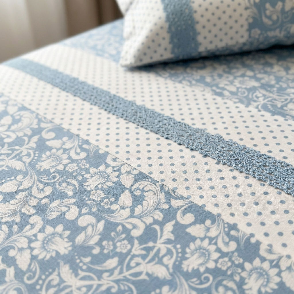 Waypoint Sky Blue Floral Cotton Bedsheet – Lace Panel Design