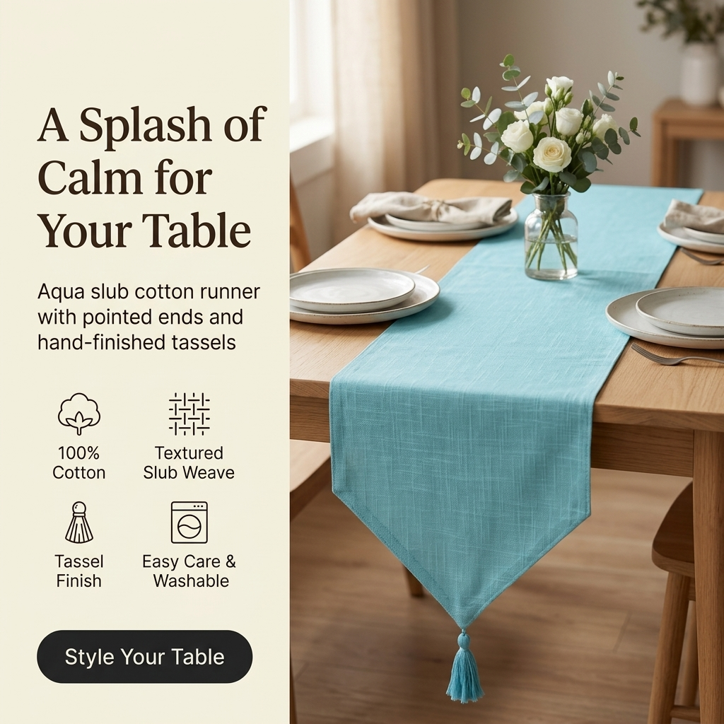 Waypoint Aqua Slub Cotton Table Runner – Tassel Tip Design