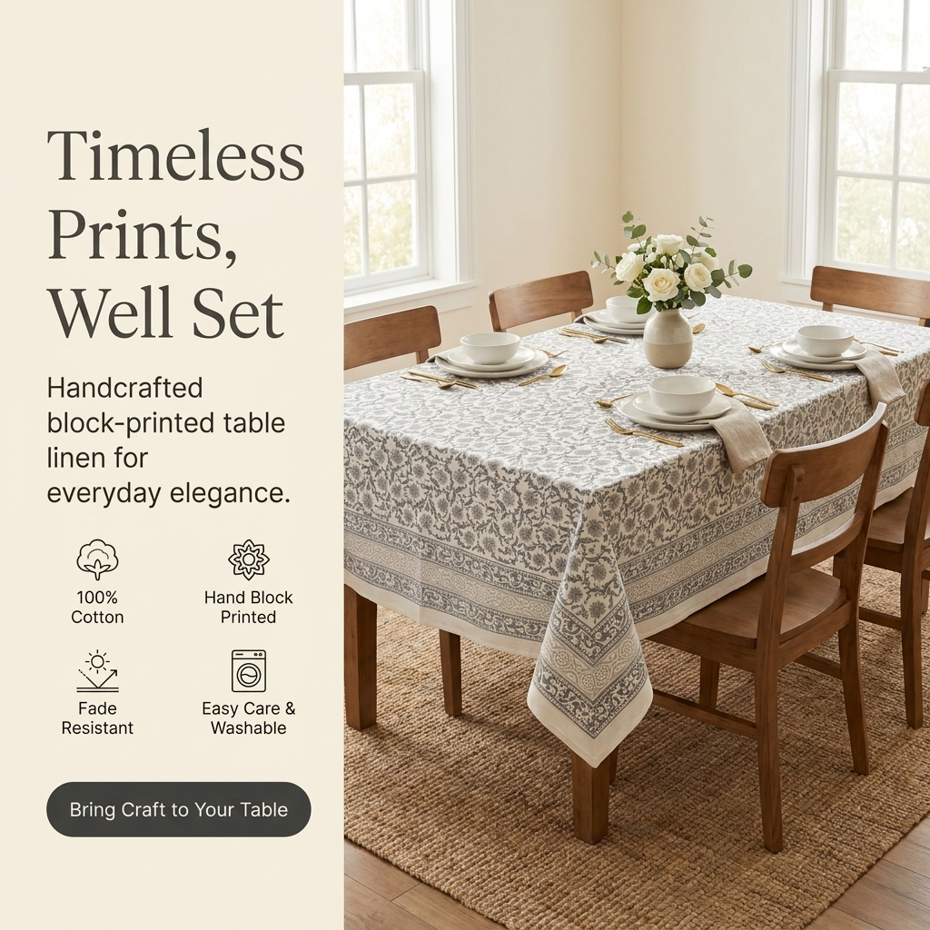 Waypoint Grey Vine Block Print Table Cloth – Trellis Border Design