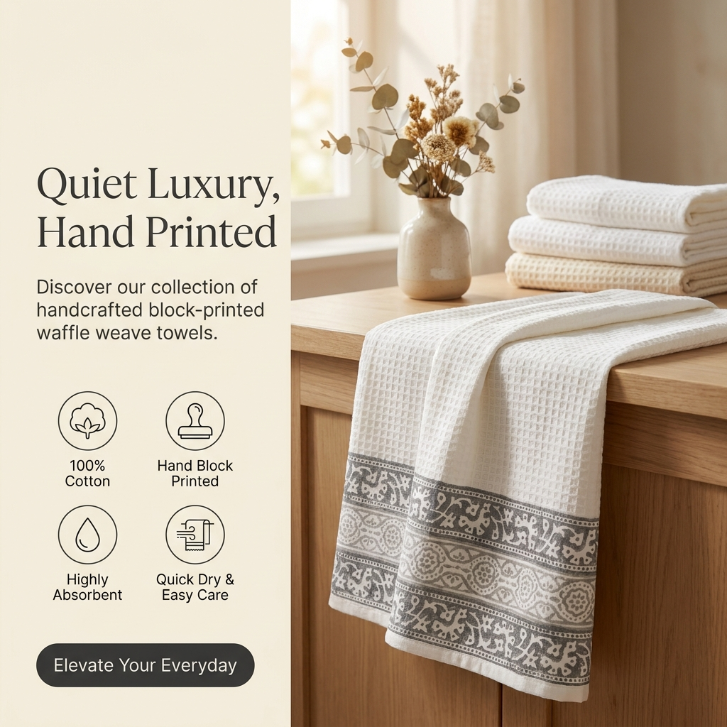 Waypoint White Block Print Waffle Towel – Grey Trellis Border Design