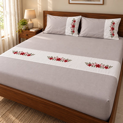 Waypoint Grey Blossom Cotton Bedsheet Set – Floral Embroidery & Lace Panel