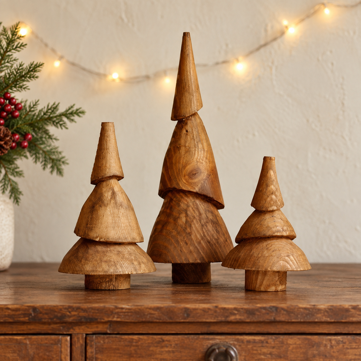 Handcarved Pinewood Christmas Tree Set of 3