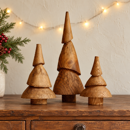 Handcarved Pinewood Christmas Tree Set of 3