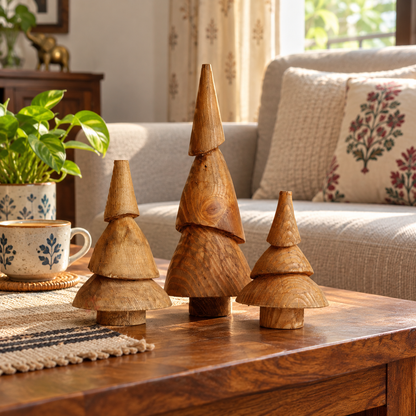 Handcarved Pinewood Christmas Tree Set of 3