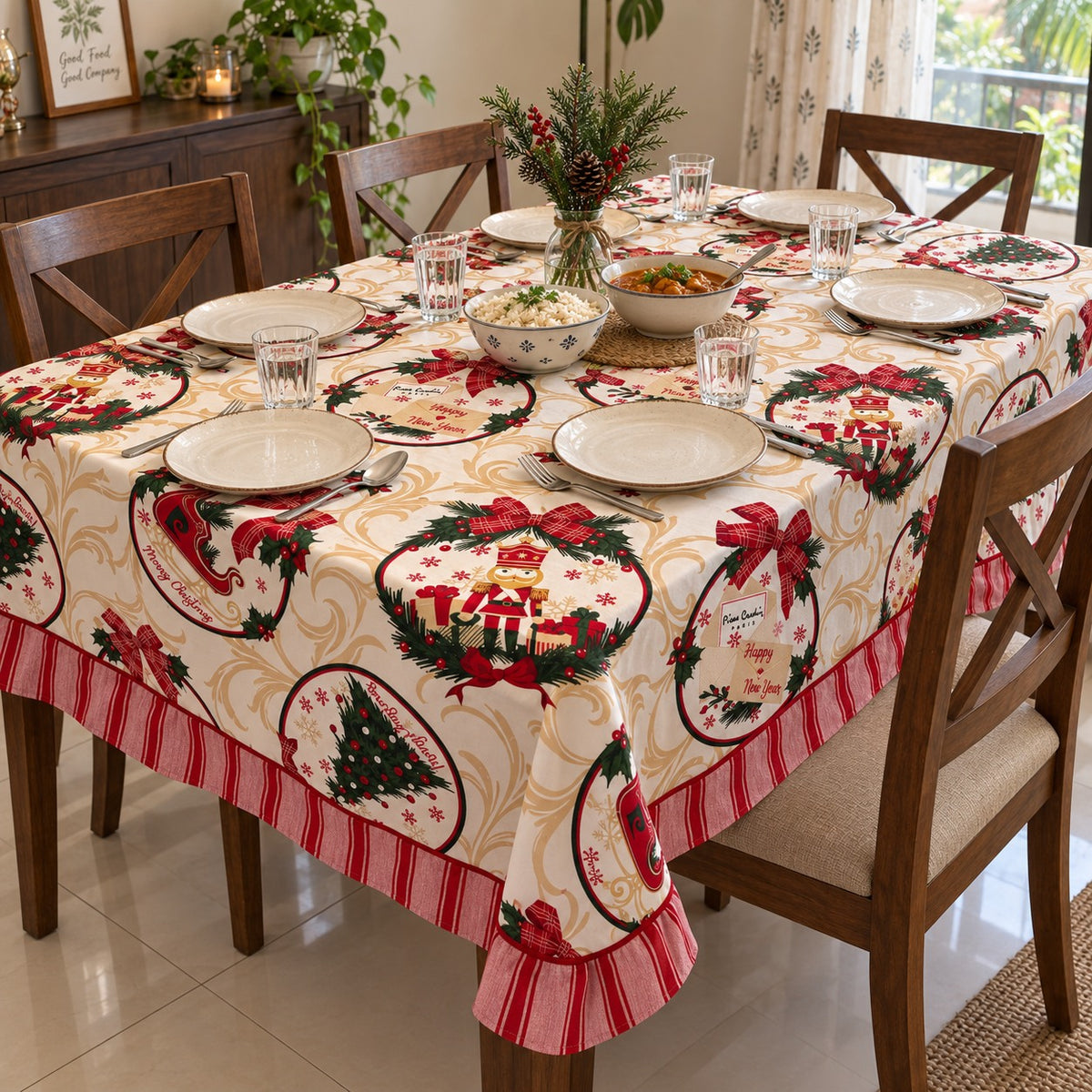 Waypoint Ivory Christmas Medallion Tablecloth – Striped Frill