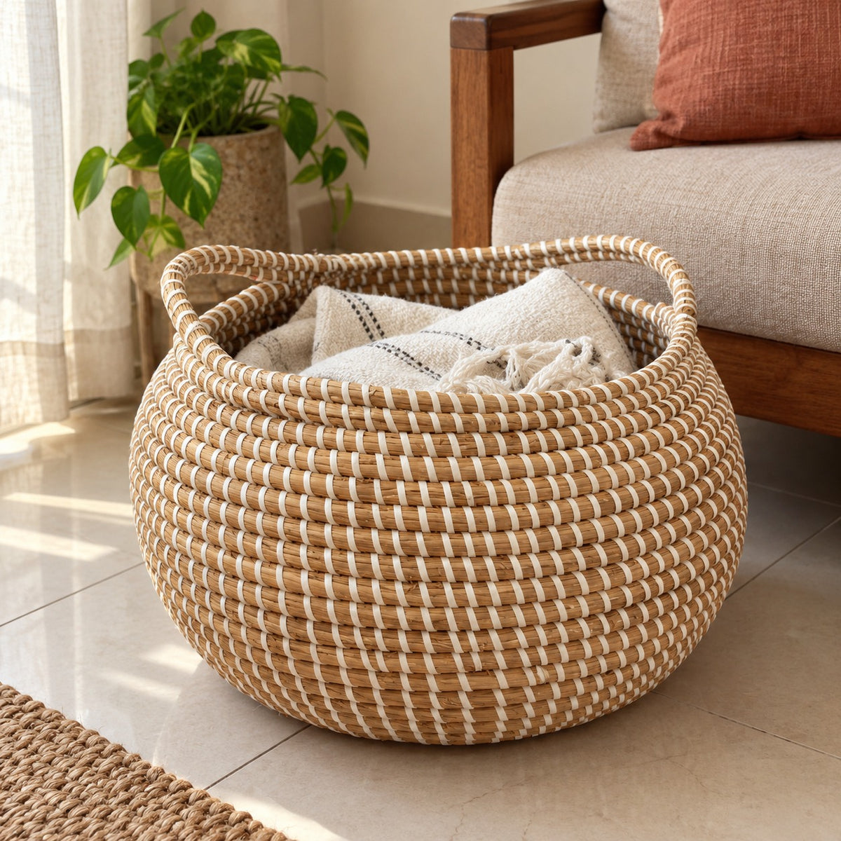 Waypoint Natural Rattan Storage Basket – White Weave & Handles