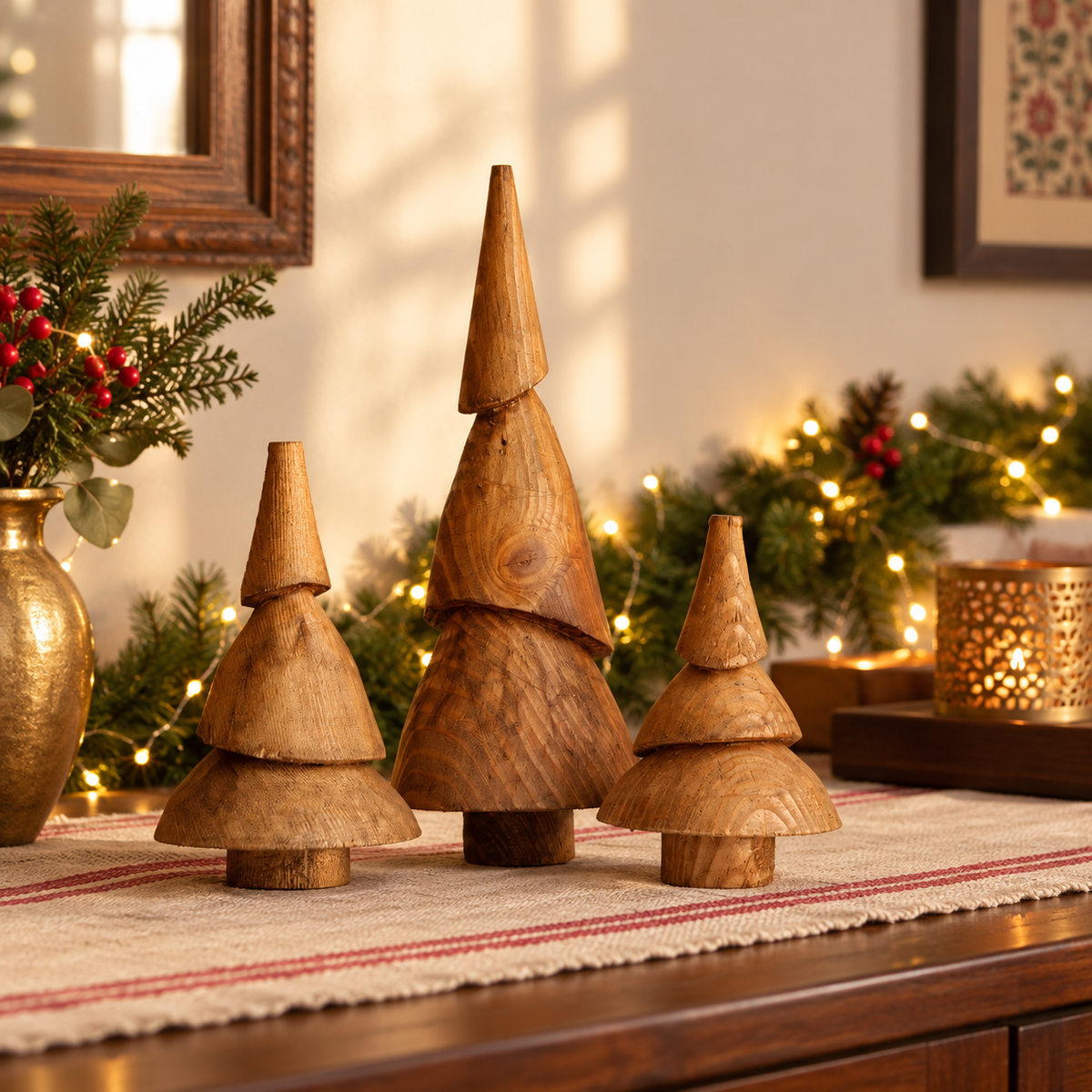 Handcarved Pinewood Christmas Tree Set of 3