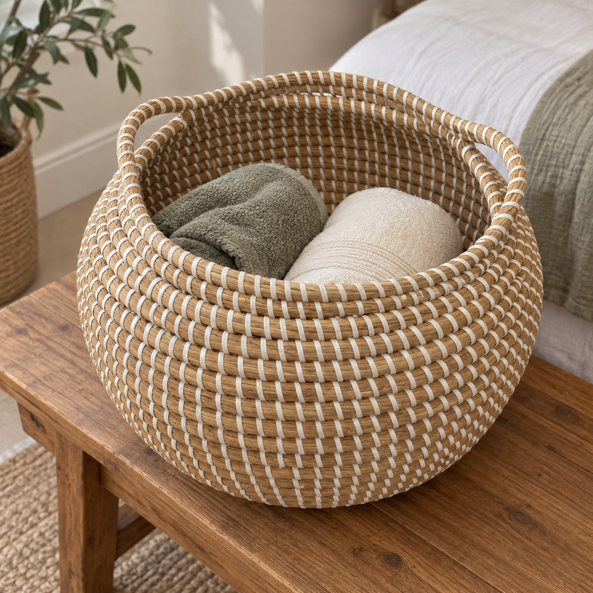 Waypoint Natural Rattan Storage Basket – White Weave & Handles