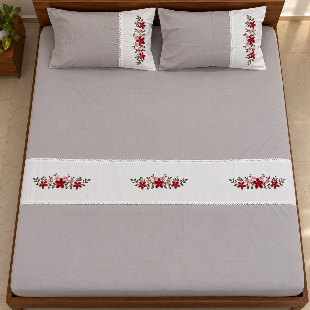 Waypoint Grey Blossom Cotton Bedsheet Set – Floral Embroidery & Lace Panel