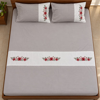 Waypoint Grey Blossom Cotton Bedsheet Set – Floral Embroidery & Lace Panel
