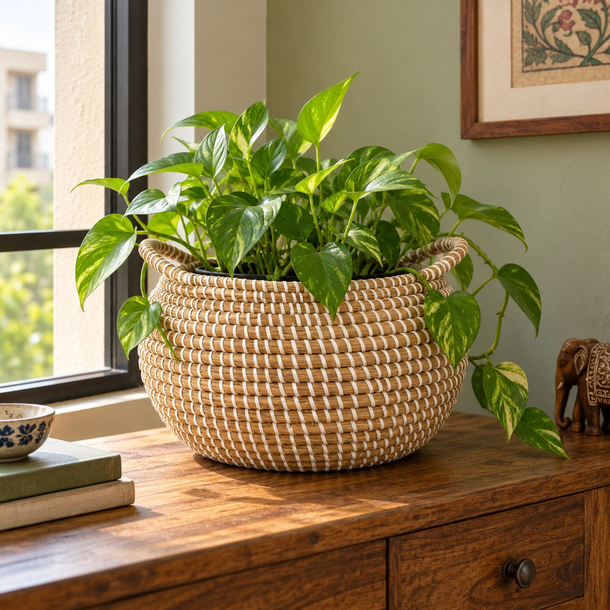 Waypoint Natural Rattan Storage Basket – White Weave & Handles