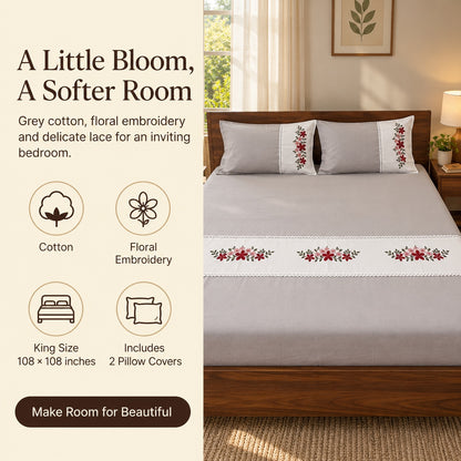 Waypoint Grey Blossom Cotton Bedsheet Set – Floral Embroidery & Lace Panel