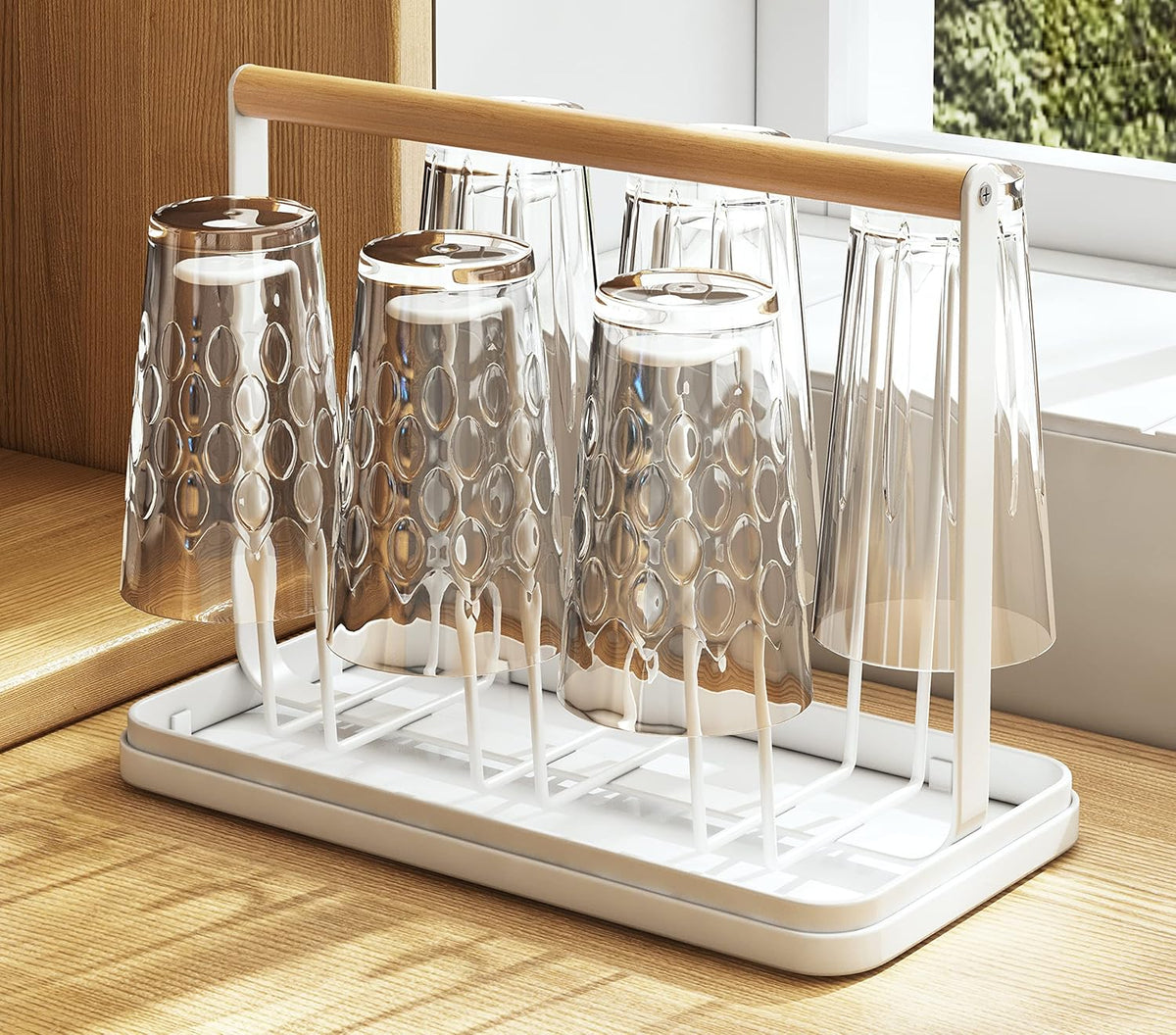 Wooden Handle Glass Holder with Water Tray — view 1