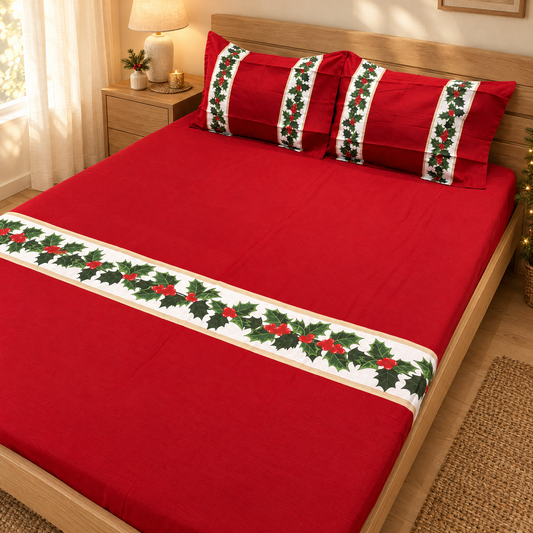 Waypoint Holly & Berries Cotton Bedsheet – Christmas Red Collection