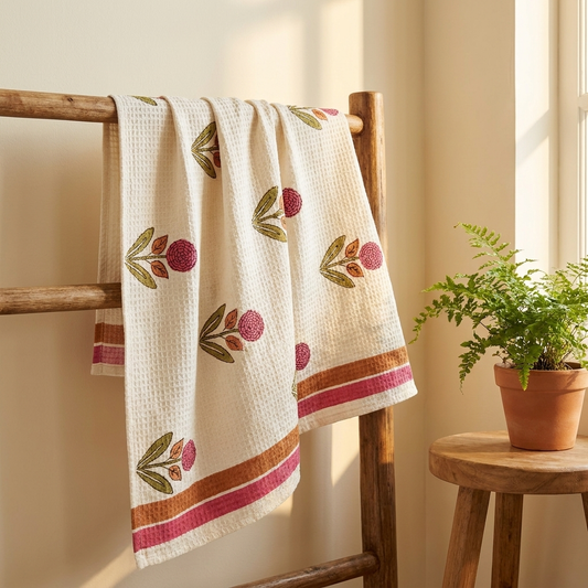 Waypoint Marigold Block Print Waffle Towel – Rust & Pink Border