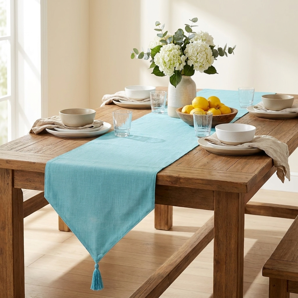 Waypoint Aqua Slub Cotton Table Runner – Tassel Tip Design
