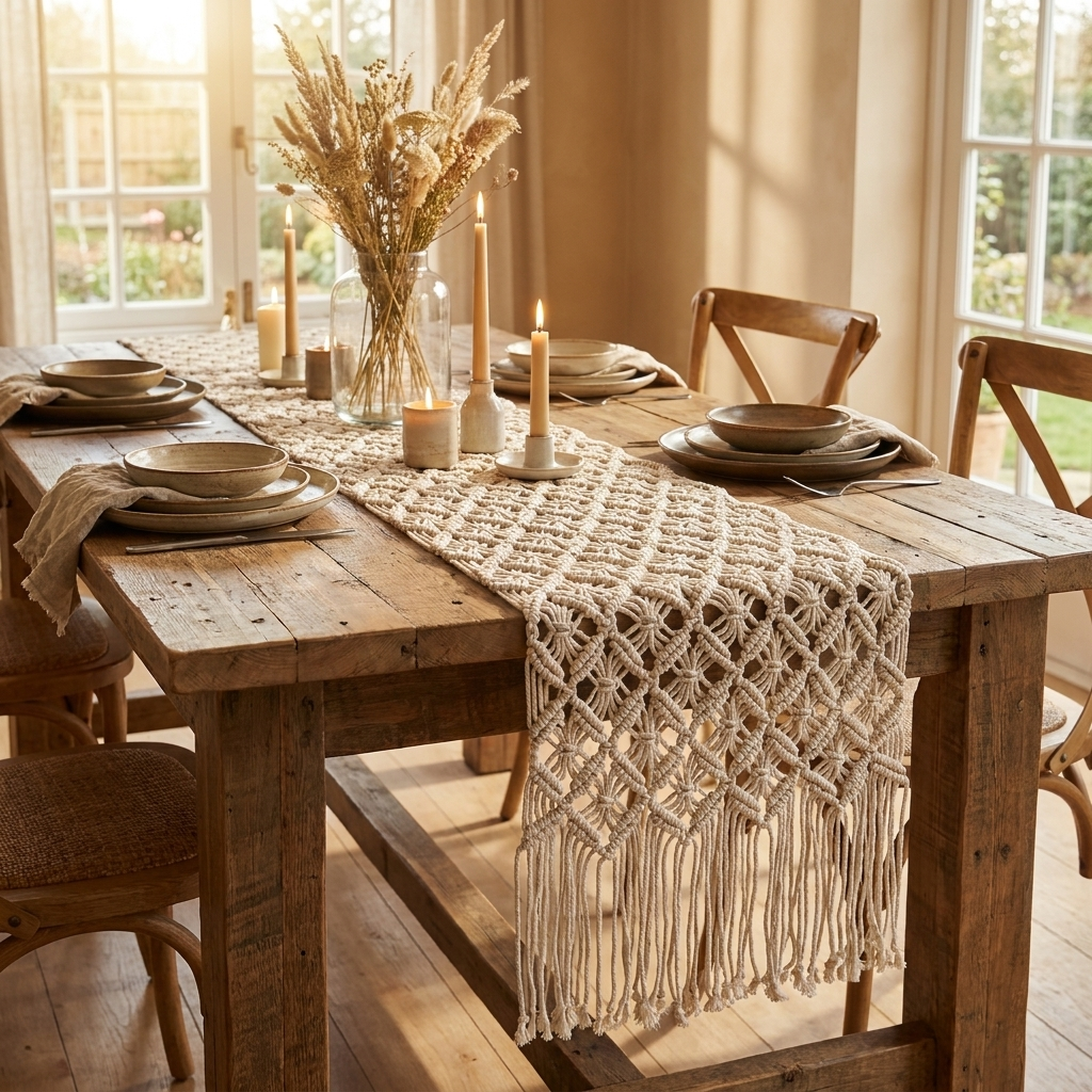 Waypoint Ivory Macramé Table Runner – Diamond Knot & Fringe