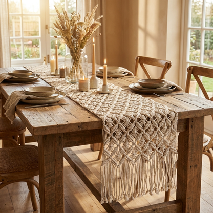Waypoint Ivory Macramé Table Runner – Diamond Knot & Fringe