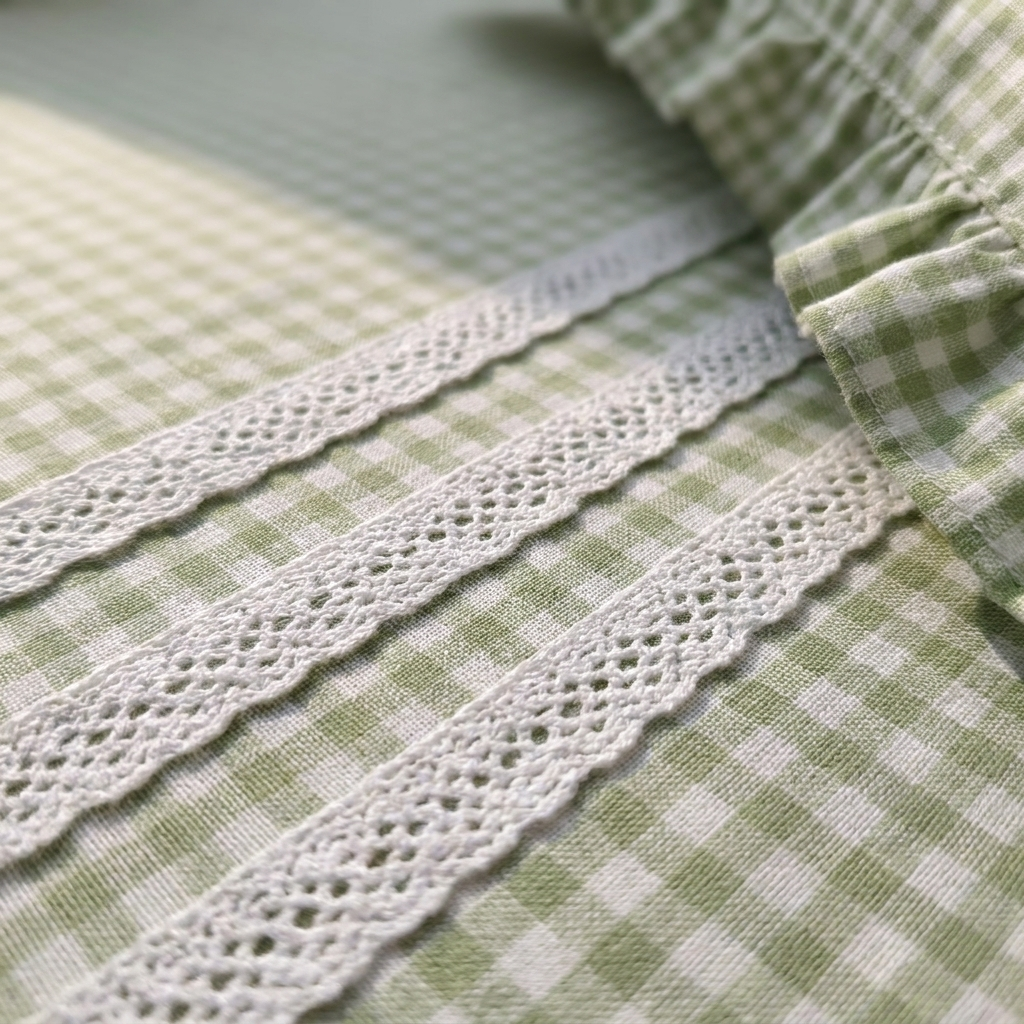 Waypoint Green Gingham Cotton Bedsheet – Ruffled Lace Trim Design
