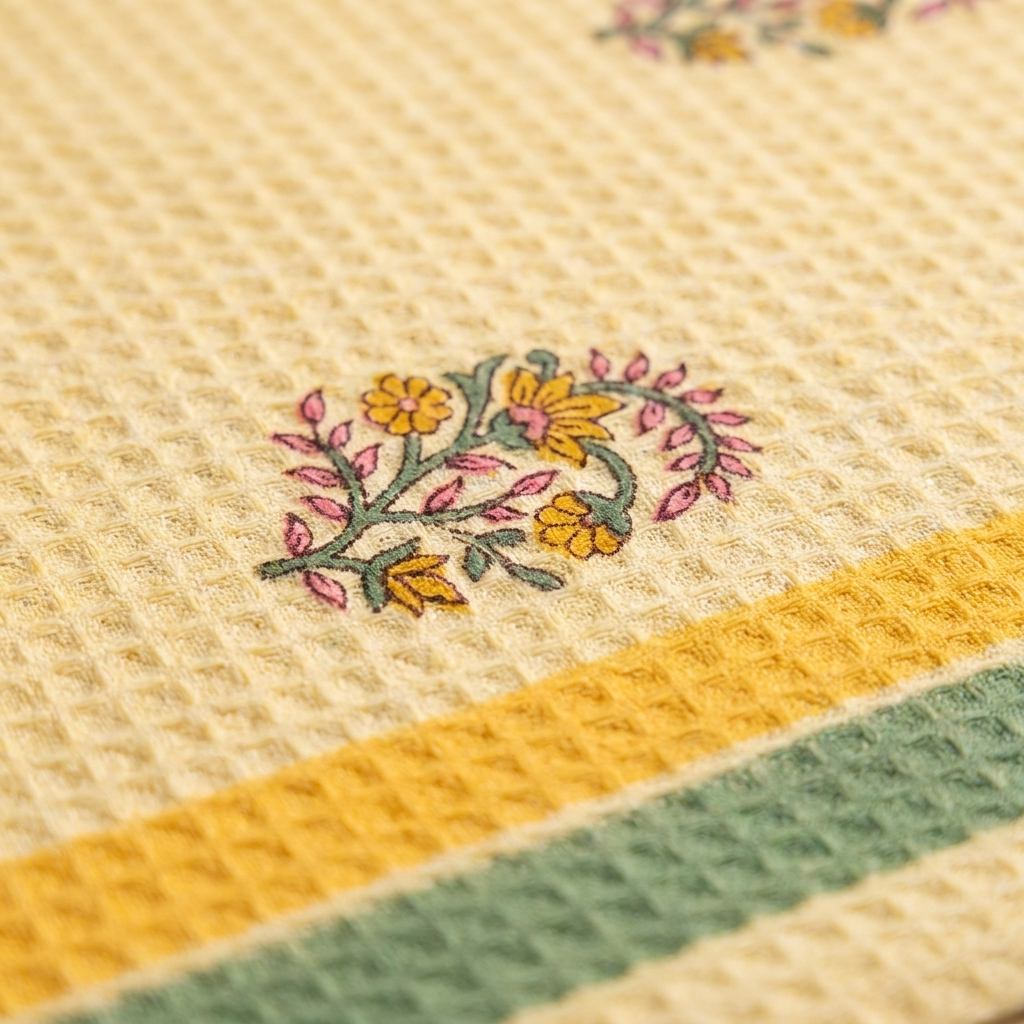 Waypoint Butter Yellow Block Print Waffle Towel – Floral Sprig Design