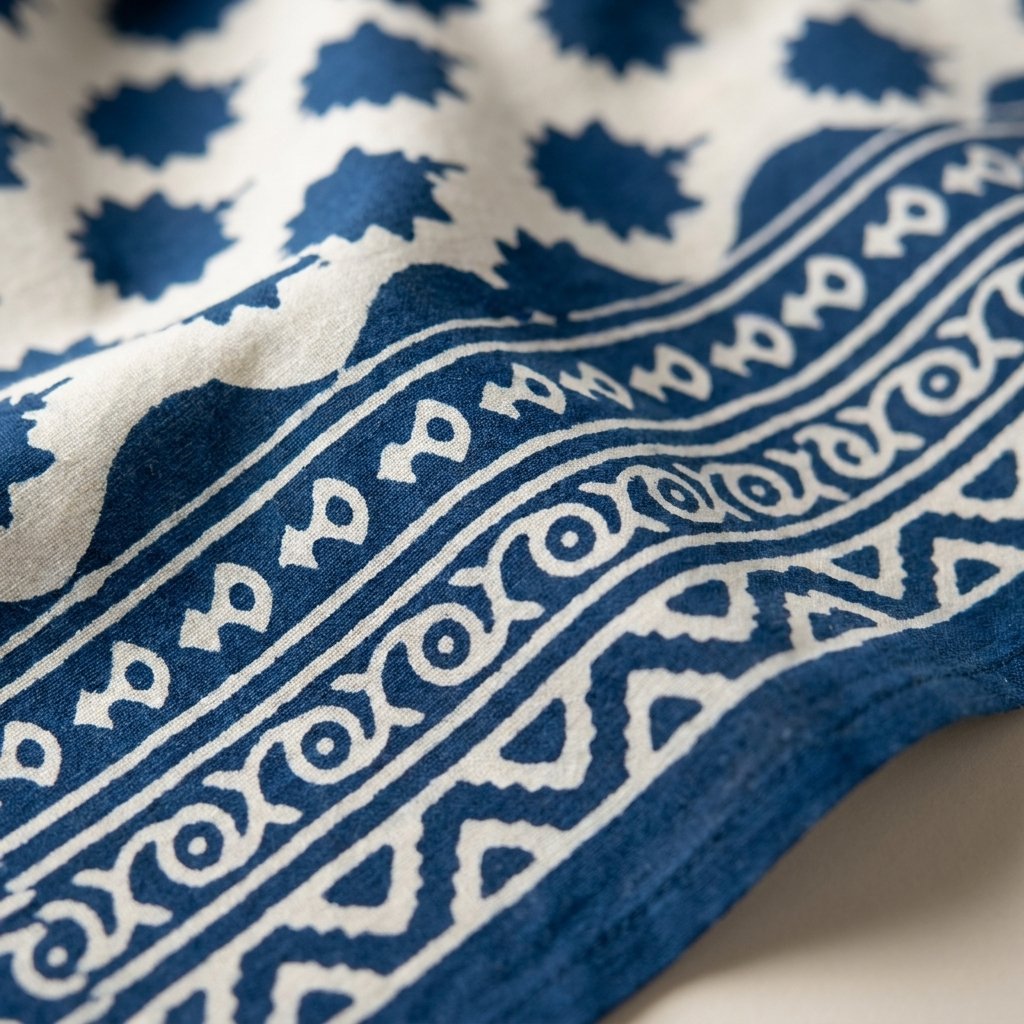 Waypoint Indigo Starburst Block Print Table Cloth – Scalloped Border Design
