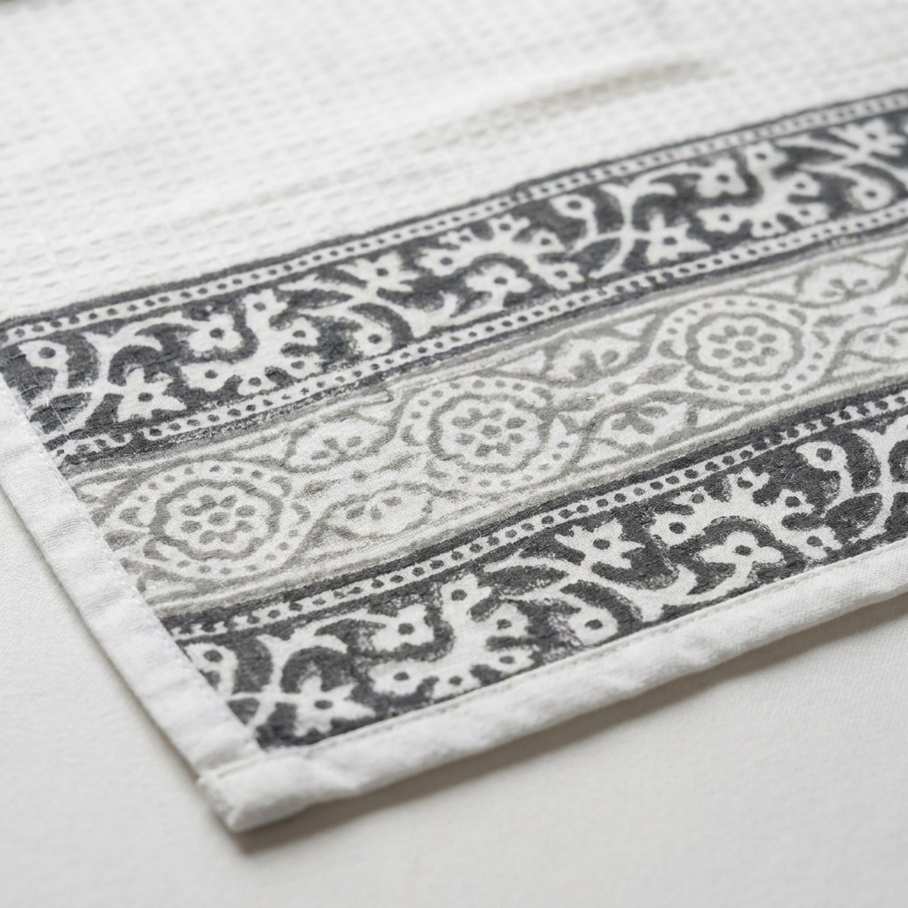 Waypoint White Block Print Waffle Towel – Grey Trellis Border Design