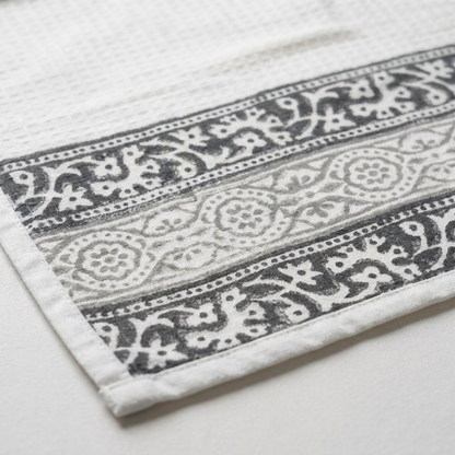 Waypoint White Block Print Waffle Towel – Grey Trellis Border Design