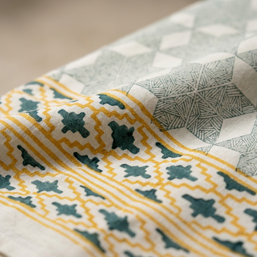 Waypoint Sage Hexagon Block Print Table Cloth – Mustard Border Design