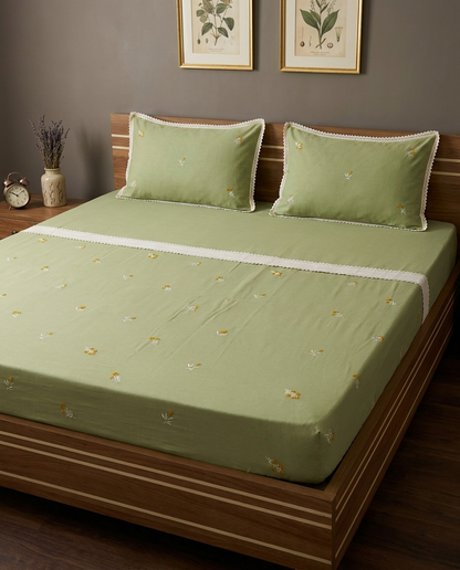 Waypoint Sage Daisy Cotton Bedsheet – Embroidered Lace Design