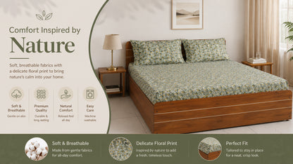 Waypoint 100% Cotton Green Tradi Bed Sheet Set with Floral Print