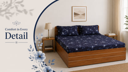 Waypoint Dark Blue Leaf King-Size Cotton Bedsheet - Luxurious Floral Print
