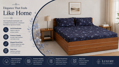 Waypoint Dark Blue Leaf King-Size Cotton Bedsheet - Luxurious Floral Print