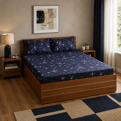 Waypoint Dark Blue Leaf King-Size Cotton Bedsheet - Luxurious Floral Print
