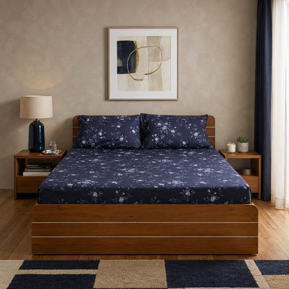 Waypoint Dark Blue Leaf King-Size Cotton Bedsheet - Luxurious Floral Print