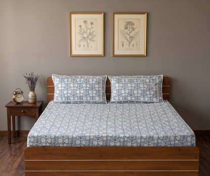 Waypoint Blue Block Cotton Bedsheet - Classic Indian Design