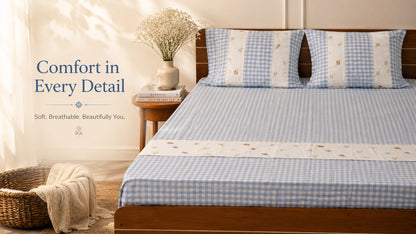 Waypoint Check Flower Embroidery Bedcover in Blue