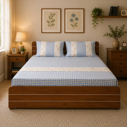 Waypoint Check Flower Embroidery Bedcover in Blue