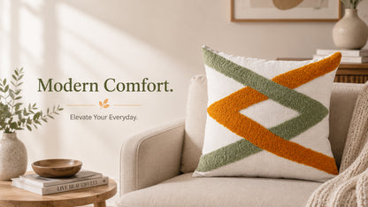 Crisp Cotton Tufted Cushion - Abstract Design in Sage & Burnt Amber