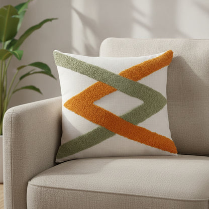 Crisp Cotton Tufted Cushion - Abstract Design in Sage & Burnt Amber
