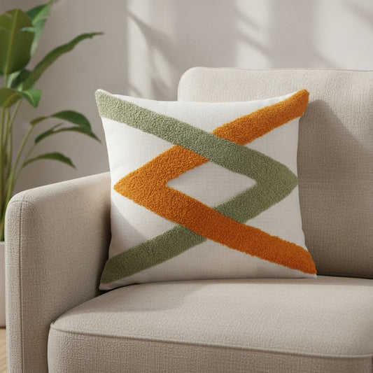 Crisp Cotton Tufted Cushion - Abstract Design in Sage & Burnt Amber