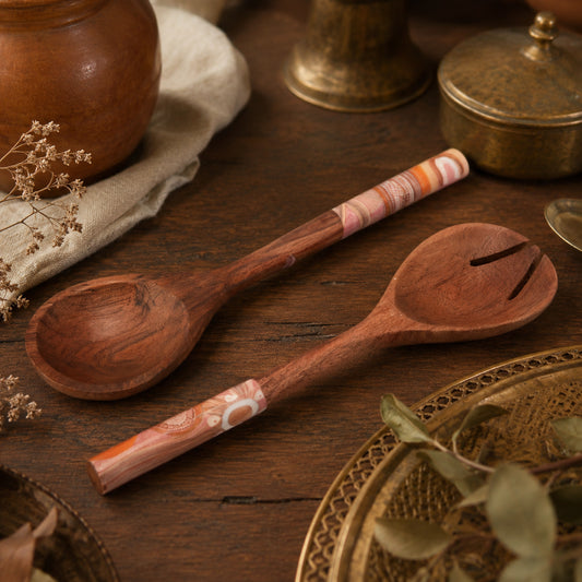 Artisan Mango Wood Salad Server Set with Hand-Painted Abstract Handles