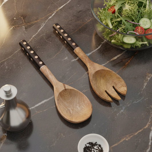 Chic Mango Wood Salad Server Set with Ebonized Inlay