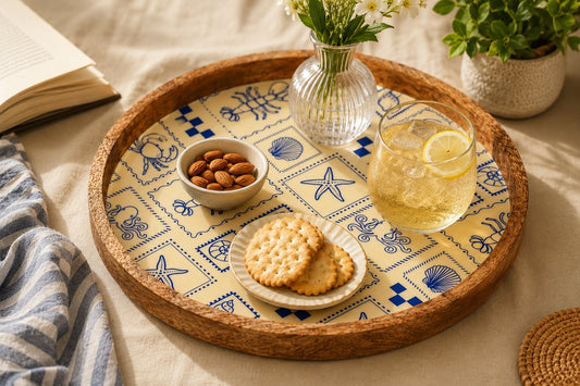 Coastal-Themed Round Mango Wood Tray with Cut-Out Handles