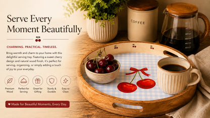 Cherry Wood Round Tray - Fun and Functional with Pastel Print