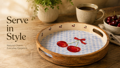 Cherry Wood Round Tray - Fun and Functional with Pastel Print
