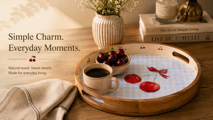 Cherry Wood Round Tray - Fun and Functional with Pastel Print